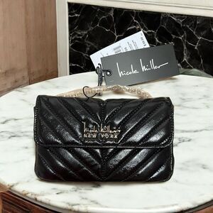 Nicole Miller Black Chevron Quilted Crossbody Shoulder Bag NWT